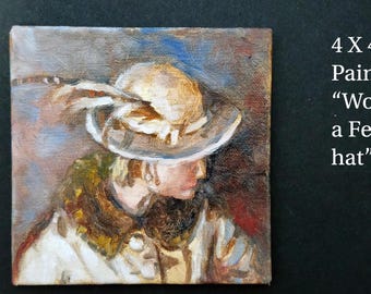 Woman with a Feathered Hat 4 x 4 Oil Painting, Expressive Portrait, Figurative Art, Woman in Profile, Portrait of a Muse, Small oil painting