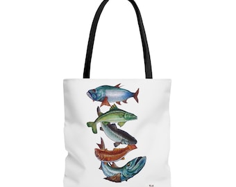 Various Fish Tote Bag (AOP), Stylish bag, Reusable tote bag, Ocean inspired bag, Fish pattern tote, Underwater themed accessory