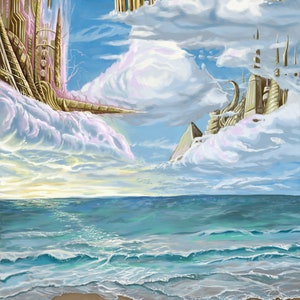 Splendid City Above, 8.5 X 11 print, Landscape print, Blue ocean, Sunset, Digital art, Photo paper print, cityscape in the sky, fantasy art