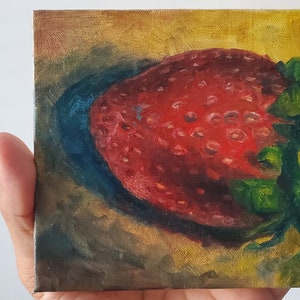 Strawberry 5 x 5 inch oil painting for sale, small fruit painting, tiny strawberry artwork, small canvas art for your home, kitchen art