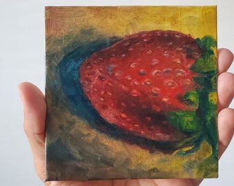 Strawberry 5 x 5 inch oil painting for sale, small fruit painting, tiny strawberry artwork, small canvas art for your home, kitchen art