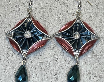 Decorated rhombus earrings created with coffee capsules, recycled material