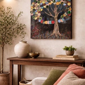 ÁRBOL DE RECICLAJE, cuadro pintado a mano con cápsulas de café de aluminio aplicadas, reciclaje creativo, elemento decorativo para el hogar
