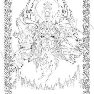 Shaman Coloring Page Norse Mythology Viking Shaman Woman Wolf Bear