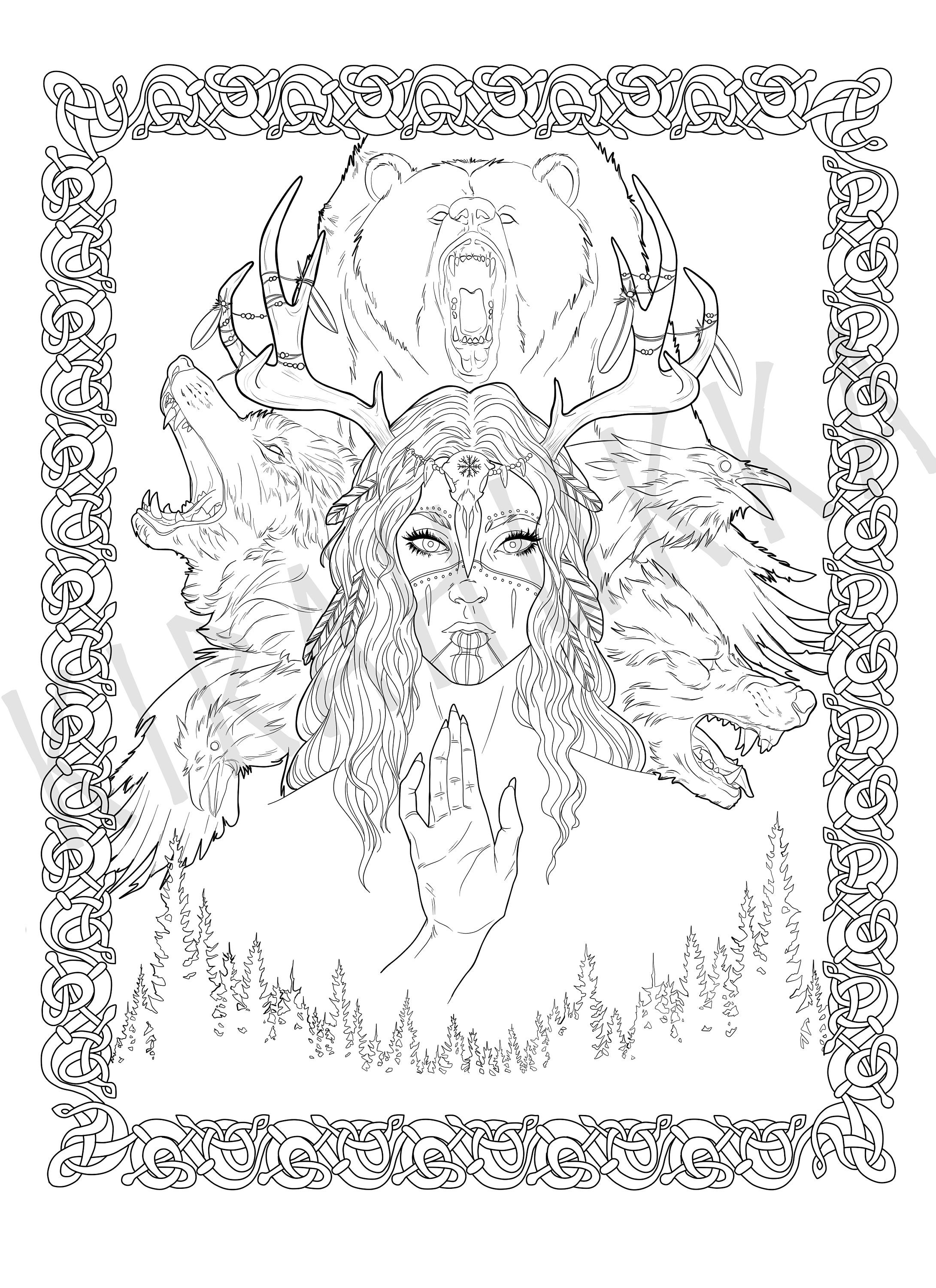 Shaman Coloring Page Norse Mythology Viking Shaman Woman Wolf Bear shaman-coloring-page-norse-mythology-viking-shaman-woman-wolf-bear