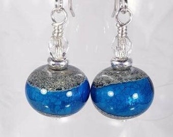 Beautiful handmade blue etched glass lampwork bead dangle earrings with sterling silver. Nickel free, hypoallergencic