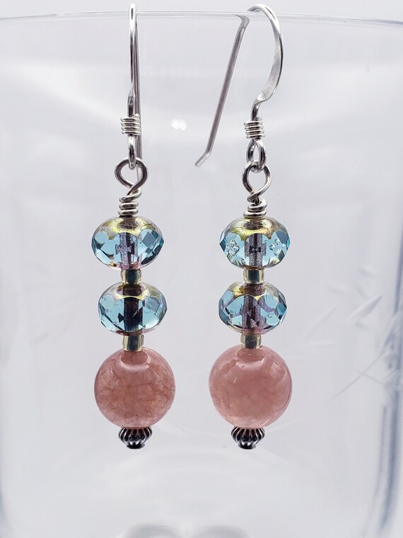 Pink Czech Glass Sterling Silver Dangle Earrings Pink Czech Glass Sterling Silver Dangle Earrings