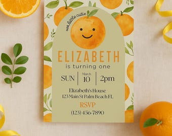 Little Cutie Birthday Invitation Template • Editable Orange Theme Invite • 1st Birthday Canva Template • Printable 5x7 Digital Download