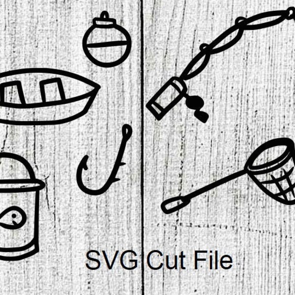 Fishing Design Elements Boat Net Hook Rod Bobber Bucket SVG File Hand drawn Handdrawn Commercial use