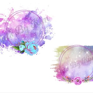 May include: Two watercolor backgrounds with double circle frames and floral accents. The top background is purple and pink with blue flowers. The bottom background is pink and purple with pink flowers.