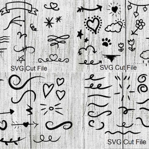 May include: A set of 30 black and white hand-drawn SVG cut files featuring various shapes, including hearts, stars, swirls, arrows, and lines. The files are perfect for creating digital designs, crafts, and more.