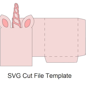 Peut inclure: Un modèle de fichier de découpe SVG imprimable pour une boîte en forme de licorne. Le modèle comprend une corne de licorne, des oreilles et une boîte avec des lignes de pliage.