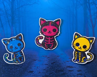 Skeleton Cat Sticker Set of 3 Waterproof Vinyl Holographic Laminated Halloween cats gothic