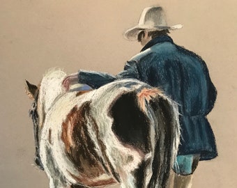 A Cowboy with his Horse - Pastel Painting