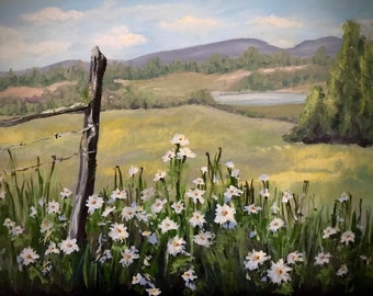 Pretty Country Landscape Oil Painting avec Daisies