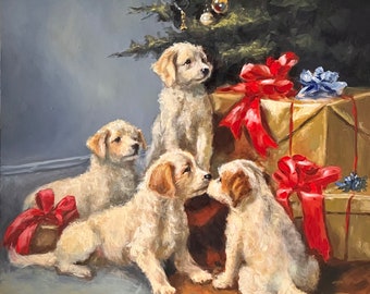 Peinture à l'huile Chiots sous le sapin de Noël