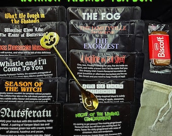 Tea Fiend Taster Box ~ 12 Spooky Horror Movie Themed Loose Leaf Sample Pouches Pumpkin Teaspoon, Infuser, Xmas, Birthday, Halloween Gift