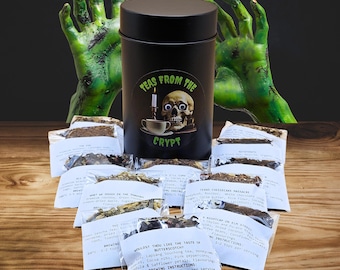 Horror Tea Gift Tin ~ Sample all 12 Tea Fiend Flavours, Loose Tea Blends in Pouches, Ideal Tea Lover Gift, Xmas, Halloween, Birthday