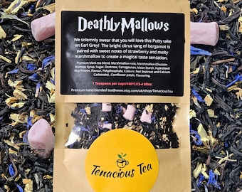 Deathly Mallows ~ Strawberry Marshmallow Flavour Earl Grey Tea, Loose Leaf Blend, Witches, Wizards, Bookish Literary Gift