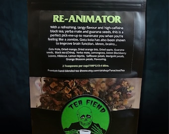 Re-Animator ~ Zesty Black Tea & Herbal Blend, Yerba Mate Guarana Gotu Kola High Caffeine, Zombie movie Inspired