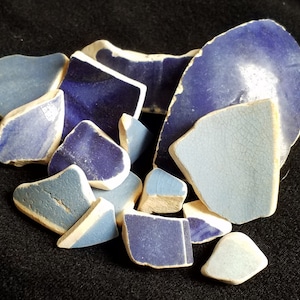 May include: A collection of blue and white ceramic shards. The shards are various sizes and shapes, with some having a crackled glaze.