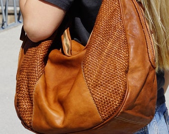 Bolso hobo de cuero tejido - bolso grande crossbody vintage, bolso de hombro hecho a mano para mujer, bolso crossbody de cuero tejido, bolso de cuero grande