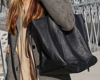 Oversized Slouchy Convertible Tote Shoulder and Hobo Bags in Classic Black and Gray Leather Perfect for Any Occasion