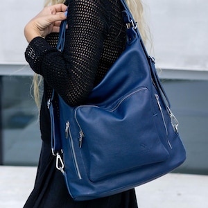 Sac à main sac à dos en cuir bleu souple, sac à bandoulière élégant, grand sac hobo en cuir, sac à dos en cuir de haute qualité et design convertible