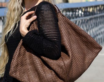 Borsa Hobo in pelle morbida – Borsa a tracolla intrecciata per donna – Borsa in pelle italiana – Borsa morbida oversize extra large, borsa Hobo vintage