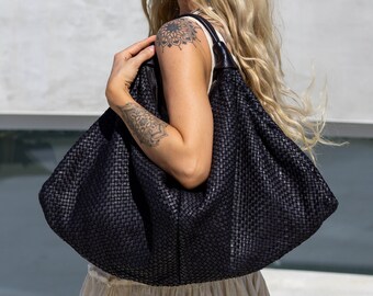Vintage Slouchy Leather Hobo Bag: Large Woven Women's Oversize Handcrafted Vintage Bag in Soft Black and Cognac Woven Boho Leather