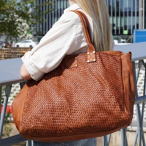 Große weiche Ledertasche, Ledertasche für Frauen, gewebte Ledertasche, Weekender Damentasche, personalisierte Vintage Tasche, gewebte Tasche