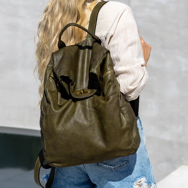 Soft leather backpack women, large vintage leather rucksack, soft leather boho backpack, genuine leather messenger backpack