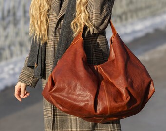 Leather Slouchy Hobo Bag, extra large shopper leather bag, leather shoulder bag, hobo shoulder bag tan leather, top grain leather hobo bag