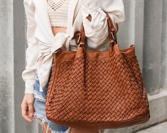 Woven bag leather crossbody large purse, leather hobo handbag soft vintage style, leather tote bag, genuine leather bag soft leather