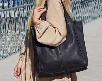 Large leather shoulder bag vintage, soft leather tote bag women, minimalistic large hobo purse leather, vintage leather bag