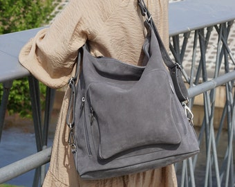 Hobo-Schultertasche und Rucksack aus Wildleder im wandelbaren Design für Damen, Rucksacktasche aus Leder mit Außentaschen für Reisen, Arbeit und Alltag