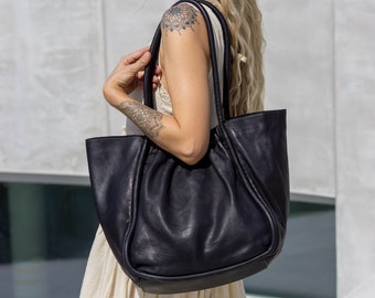 Soft Leather Boho Shoulder Bag - Large Tote Handbag for Minimalists, Leather Tote Bag - Large Hobo Shoulder Handbag for Women Soft Leather