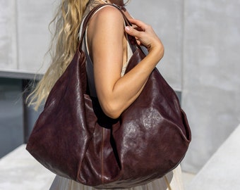 Vintage Leather Slouchy Hobo Bag - Stylish Large Shoulder Bag for Women, Slouchy Leather Bag - Large Leather Shoulder Bag in Vintage Style