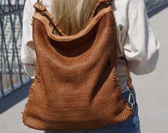 Convertible woven leather hobo bag women, large hobo vintage cognac leather bag, soft leather crossbody hobo bags for women, large backpack