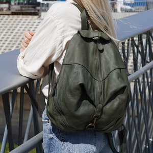 Dark Green Soft Leather Slouchy Backpack Unisex Backpack -  New Zealand