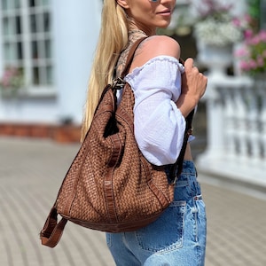 Vintage woven leather convertible backpack purse women, hobo leather bag convertible backpack design, woven hobo shoulder bag backpack purse