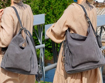 Versatile Suede Backpack Purse and Chic and Functional Hobo Backpack Women, Large Leather Gray Hobo Bag with Pockets, Functional Women Bag