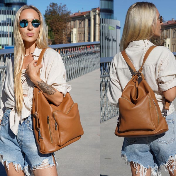 Convertible Leather Hobo Bag Backpack Purse Women, Convertible Leather Hobo Bag Large, Convertible Soft Leather Hobo Bag With Pockets