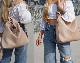 Sac à dos convertible en cuir souple, style minimaliste, grand sac à bandoulière hobo, sac hobo en cuir polyvalent, sac à dos en cuir pour femme rose