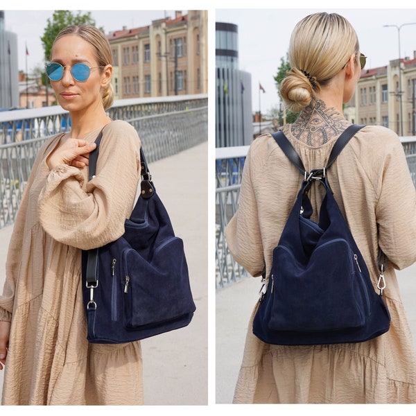 Wandelbarer Hobo-Rucksack aus Wildleder für Damen, 2 in 1 – mit Hobo-Tasche, Umhängetasche und Rucksack-Design in einem Produkt