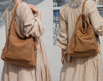 Cognac Leather Bags for Women, Choose from a Vintage Backpack, Hobo Bag, Soft Shoulder Bag, and Convertible Backpack