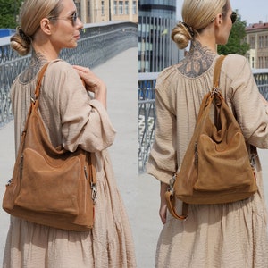 Cognac Leather Bags for Women, Choose from a Vintage Backpack, Hobo Bag, Soft Shoulder Bag, and Convertible Backpack