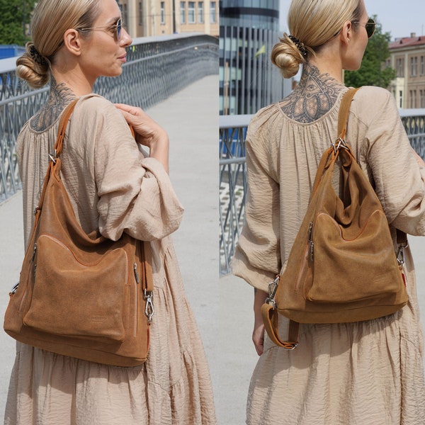 Cognac Ledertaschen für Damen, wählen Sie zwischen einem Vintage Rucksack, einer Hobo Tasche, einer weichen Schultertasche und einem Wandelbaren Rucksack