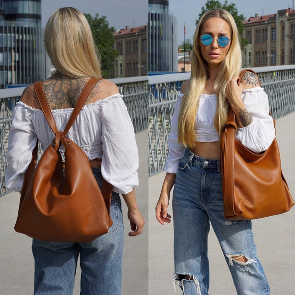 Vielseitige Leder Hobo Bag & Rucksack Geldbörse - Große Tasche für Frauen, Wandelbare Ledertasche Damen Großer Tote Rucksack, Leder Hobo Bag