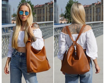 Versatile Leather Convertible Backpack Purse in Cognac - Stylish Shoulder Bag, Diaper Bag, and More, Backpack Purse - Stylish Shoulder Bag